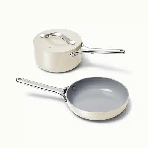 Caraway Mini Duo   Non Stick Ceramic Mini Fry Pan (qt, ) & Mini Sauce Pan (qt)   Non Toxic, PTFE & PFOA Free   Oven Safe & Stovetop Agnostic (Gas, Electric & Induction)   Cream