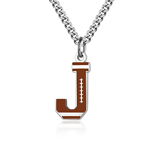 AIAINAGI Football Initial A Z Letter Necklace for Boys Football Charm Pendant Stainless Steel Silver Chain inch Personalized Football Gift for Men Women Girls(J)