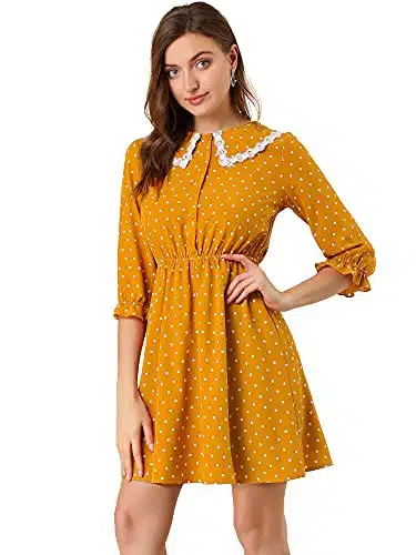 Allegra K Women's Valentine's Day Date Peter Pan Collar Star Heart Printed Sleeve Chiffon Dress Small Yellow