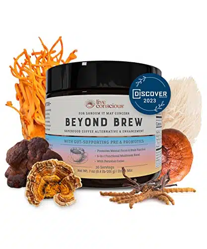 Beyond Brew Mushroom Superfood Coffee   Mushroom Coffee Alternative Low Caffeine   Healthy Coffee Substitute Brewed Cacao Drink wPrebiotics, & Probiotics   By Live Conscious   Servings