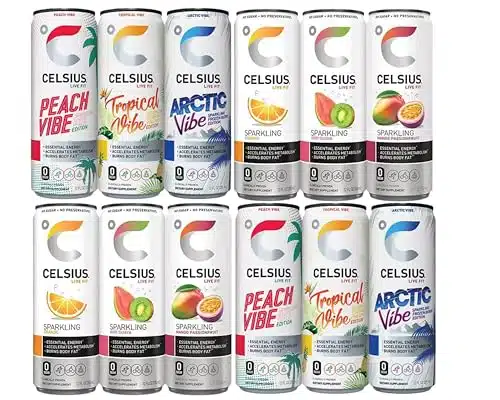 Celsius Essential Sparkling Energy Drink   No Sugar or Preservatives   fl oz, Slim Cans   Assorted Variety Pack (Pack)   Gluten free, Vegan, Clean Energy Boost.