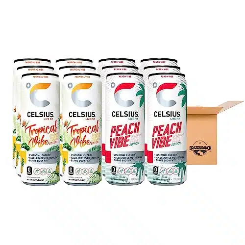 Celsius Sparkling Energy Drink Peach & Tropical Vibe  No Sugar or Preservatives  fl oz, Slim Cans   Variety Pack (Pack)