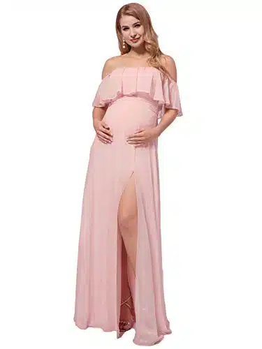 Ever Pretty Womens Chiffon Off Shoulder A line Ruffle Strapless Maternity Party Dresses for Baby Shower Pink