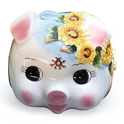 FORLONG Ceramic Large Piggy Bankï¼Coin Bankï¼Money Box,Hand Painted Sunflower Pig Design (L)