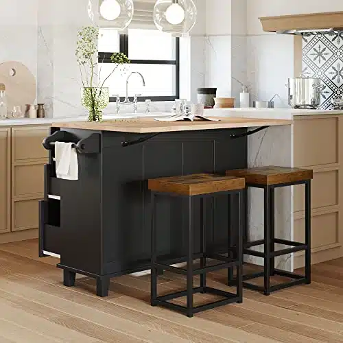 Merax Kitchen Island Set with Stools, Solid Wood Dining Table with Drop Leaf Design, Storage Cabinet, Drawers and Towel Rack, x , Black