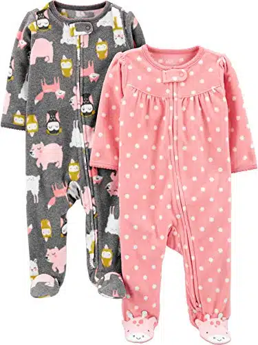 Simple Joys by Carter's Baby Girls' Fleece Footed Sleep and Play, Pack of , DotsAnimal, onths