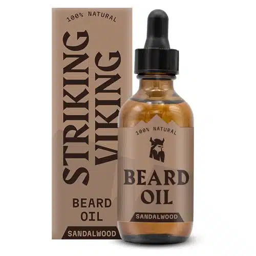 Striking Viking Beard Oil Conditioner Sandalwood Scent (Large Oz)   Natural Organic Formula with Tea Tree, Argan and Jojoba Oils for Men   Promotes Growth, Softens, & Hydrates