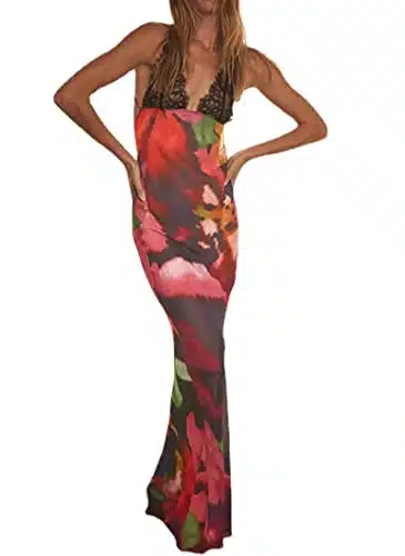 XPONNI Backless Spaghetti Strap Maxi Dresses for Women, Red Satin Tie Dye Bodycon Dress Yk, Sexy Party Dress with Lace Strap (Large,Large)