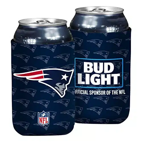 Bud Light & NFL Licensed New England Patriots Premium Insulated Neoprene Can Koozy CoverCooler Sleeve   Gameday Foldable Beverage Apparel for Ounce Beer and Soda Cans, Pack Sided Design