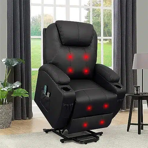 Flamaker Power Lift Recliner Chair PU Leather for Elderly with Massage and Heating Ergonomic Lounge Chair Classic Single Sofa with Cup Holders Side Pockets Home Theater Seat (Light Black)