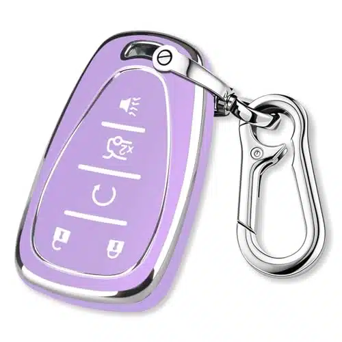 QBUC for Chevy Key Fob Cover With Keychain Chrome Silver Trim Soft TPU Protection Case Compatible with Chevy Equinox Malibu Camaro Blazer Traverse Trailblazer ButtonPurple