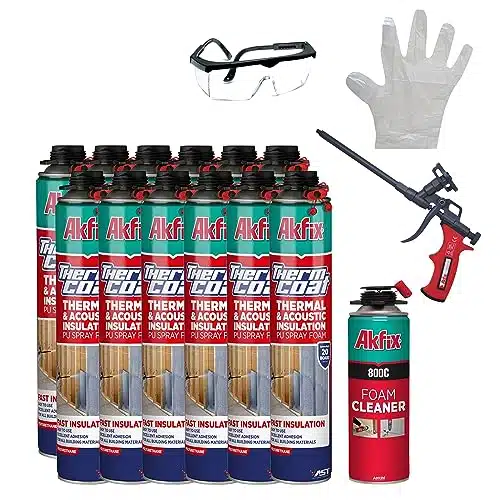 Akfix Thermcoat Spray Foam Insulation Kit  Insulation Foam Spray, Polyurethane Spray Foam, Heat Insulation Spray, Acoustic Spray, Self Expanding Foam, Foam Insulation Can, GunCleaner INCLUDED Pack