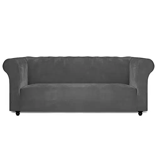 Easy Going Stretch Velvet Chesterfield Style Couch Slipcover for Living Room, Soft Non Slip Sofa Cover Furniture Protector for Dogs (Sofa, Gray)