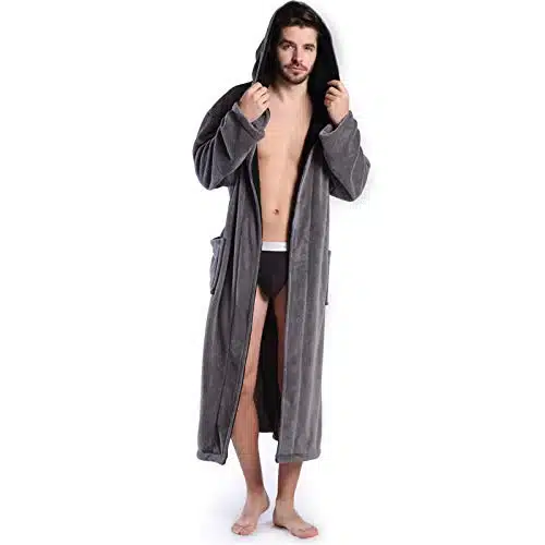 KEMUSI Hooded Men's Grey Soft Spa Long Bathrobe,Comfy Full Length Warm Nightdress (M)