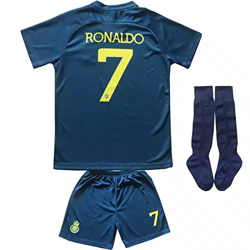 LeenBD Ronaldo No #Away NASSR Riyadh Al Kids Soccer Jersey Kit Shorts Socks Set Youth Sizes (Blue, Years Old)