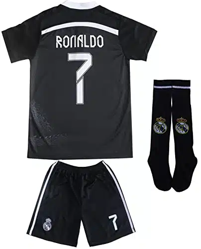 LeenBD Ronaldo No #adrid Black Dragoon Special Edition Kids Soccer Jersey Kit Shorts Socks Set Youth Sizes (Black.,. (Years))