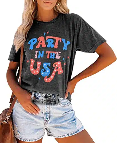 Party in The USA T Shirt Women th of July Independence Day Shirts Funny Patriontic Graphic Short Sleeve Tee Tops Grey