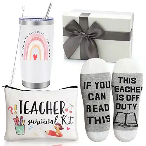 Best Teacher Appreciation Gifts,OZ Insulated Tumbler for Women Teacher Gifts,Unique Gifts Ideas from Students   Funny Socks Thank You Basket Box for New Teachers,Teachers Day 