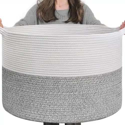 INDRESSME Large Storage Basket, '' x '' Cotton Rope Blanket Basket Living Room, Toy Organizers and Storage with Handles for Kids, Laundry Basket for Clothes, Towel, L Grey