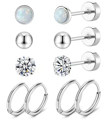 MJust Titanium Earrings for Sensitive Ears G Titanium Stud Earrings and Hoop earrings Ball Opal Cubic Zirconia GPure Titanium Cartilage Earrings Hypoallergenic Flat Back Earri