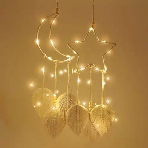 PeacePray Ramadan Eid Mubarak Gift, Handmade Islamic Decor Wall Hanging Ornaments Set for Muslim Home Bedroom Living Room Night, Moon and Star Tapestry with String Lights