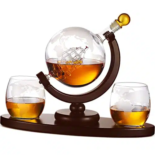 Whiskey Decanter Globe Set with Etched Whiskey Glasses   for Liquor Scotch Bourbon Vodka, Gifts For Men   ml