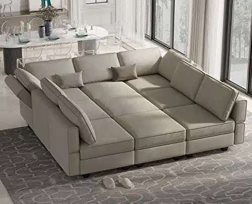 Belffin Reversible Velvet Modular Sectional Sleeper Sofa Bed with Ottomans, Storage and Chaise   Grey