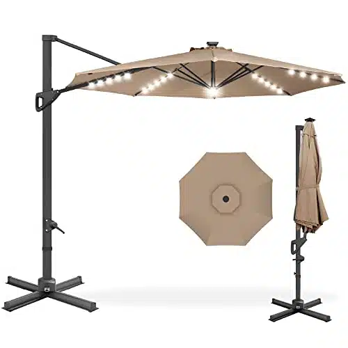 Best Choice Products ft Solar LED Cantilever Patio Umbrella, Degree Rotation Hanging Offset Market Outdoor Sun Shade for Backyard, Deck, Poolside wLights, Easy Tilt, Cross Bas