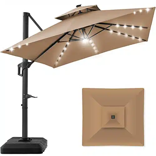 Best Choice Products xft Tier Square Cantilever Patio Umbrella with Solar LED Lights, Offset Hanging Outdoor Sun Shade for Backyard wIncluded Fillable Base, Rotation   Tan