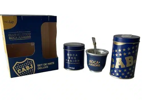 Boca Juniors mate kit, plus a complimentary straw. Mate, yerba mate container, sugar container, and a bonus straw. Boca ju, Mate, Boca Juniors.