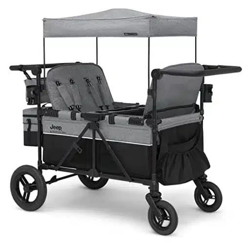 Jeep Wrangler Deluxe Seater Stroller Wagon by Delta Children   Premium Quad Stroller Wagon for Kids with Convertible Seats, Adjustable PushPull Handles, Removable Canopy & Fla