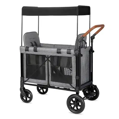 LEADZM Stroller Wagon for Kids, Face to Face Toddler Wagons with All Terrain Wheels, Adjustable Canopy, Raised Seat, Storage