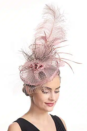 SAFERIN Fascinators Hat Flower Feather Net Mesh Kentucky Derby Tea Party Headwear with Hair Clip and Hairband for Women (TAPink)