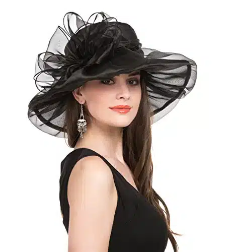 SAFERIN Women's Organza Church Kentucky Derby Hat Feather Veil Fascinator Bridal Tea Party Wedding Hat (Black Bowknot)