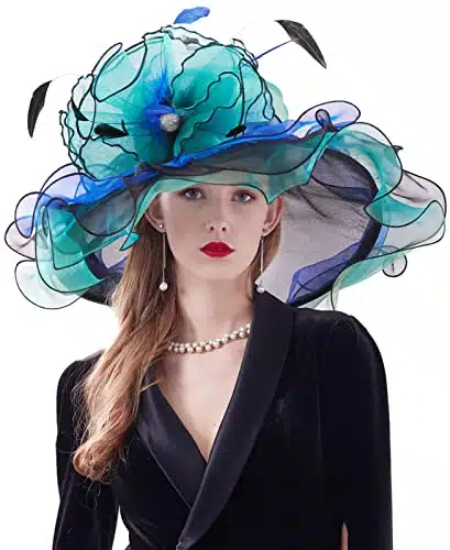 Z&X Womne's Dual use Organza Church Kentucky Derby Hat Bow Fascinator Clip Wide Brim Ruffles Wedding Hat Blue Green, #a  Green and Black, One Size