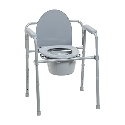 Drive Medical Folding Steel Bedside Commode Chair, Portable Toilet, Supports Bariatric Individuals Weighing Up To Lbs, with Qt. Bucket and Inch Seat, Grey