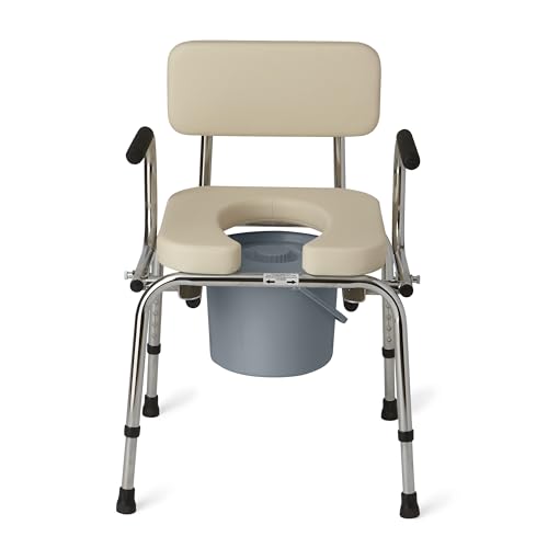 Medline Drop Arm Commode with Padded Seat and Backrest, Durable Toilet Chair for Adults and Seniors, Removable Pail, Splash Guard, Drop Down Arms for Easy Transfer, lb. Weight